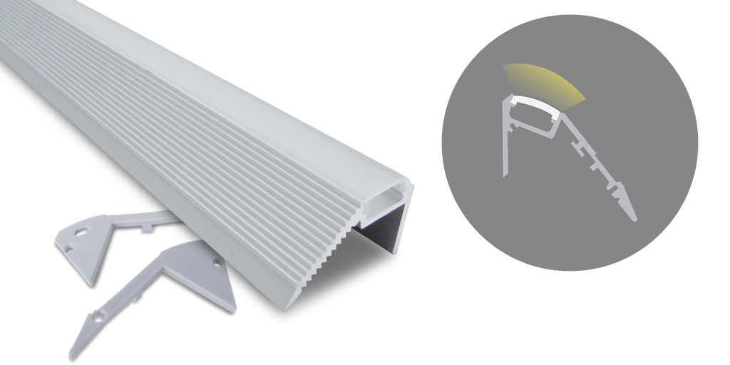 Profilé aluminium nez de marche, 2000mm, diffuseur opale, pour ruban 