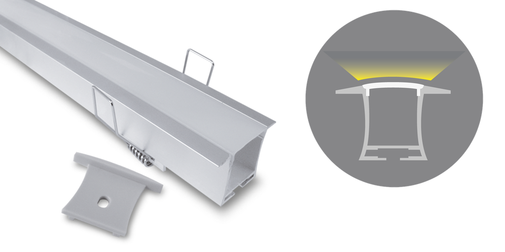 Profilé aluminium encastré, 2000mm, diffuseur opale, pour ruban 10-14