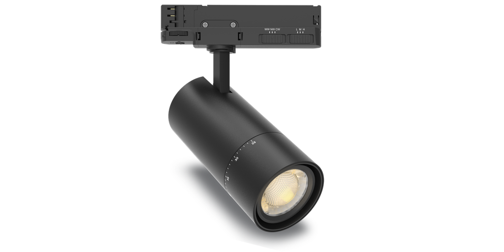 Tracklight ZOOM CCT 20-25-30W Angle ajustable 24-60°, Noir