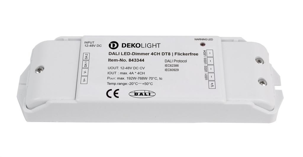 Deko-Light, Low-voltage DALI dimmer (CV, DC), DALI 2 PWM dimmer CV 4CH 12-48V, 4A/CH, DT8, Constant voltage, Dimmable: Yes, DALI 1.0 / DT8, DALI 2.0 / DT8, Rated Input Voltage: 12-48 V/DC, Output Voltage: 12-48 V/DC, IP 20