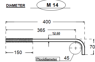 Ancrage L M14*400*70/150 - électro-zingué - Comprend 2 écrou DIN934 M14 ELVZ et 2 rondel DIN125 M14 ELVZ