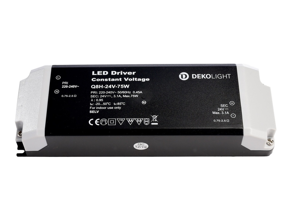 Deko-Light, Power supply unit (CV, DC), BASIC, CV, Q8H-24-75 W, Constant voltage, 75.0 W, Rated Input Voltage: 220-240 V/AC, Output Voltage: 24 V/DC, IP 20