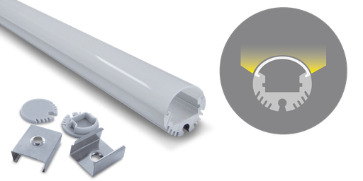 [W4L022007] Profilé aluminium rond, 2000mm, diffuseur opale, pour ruban 10-12mm
